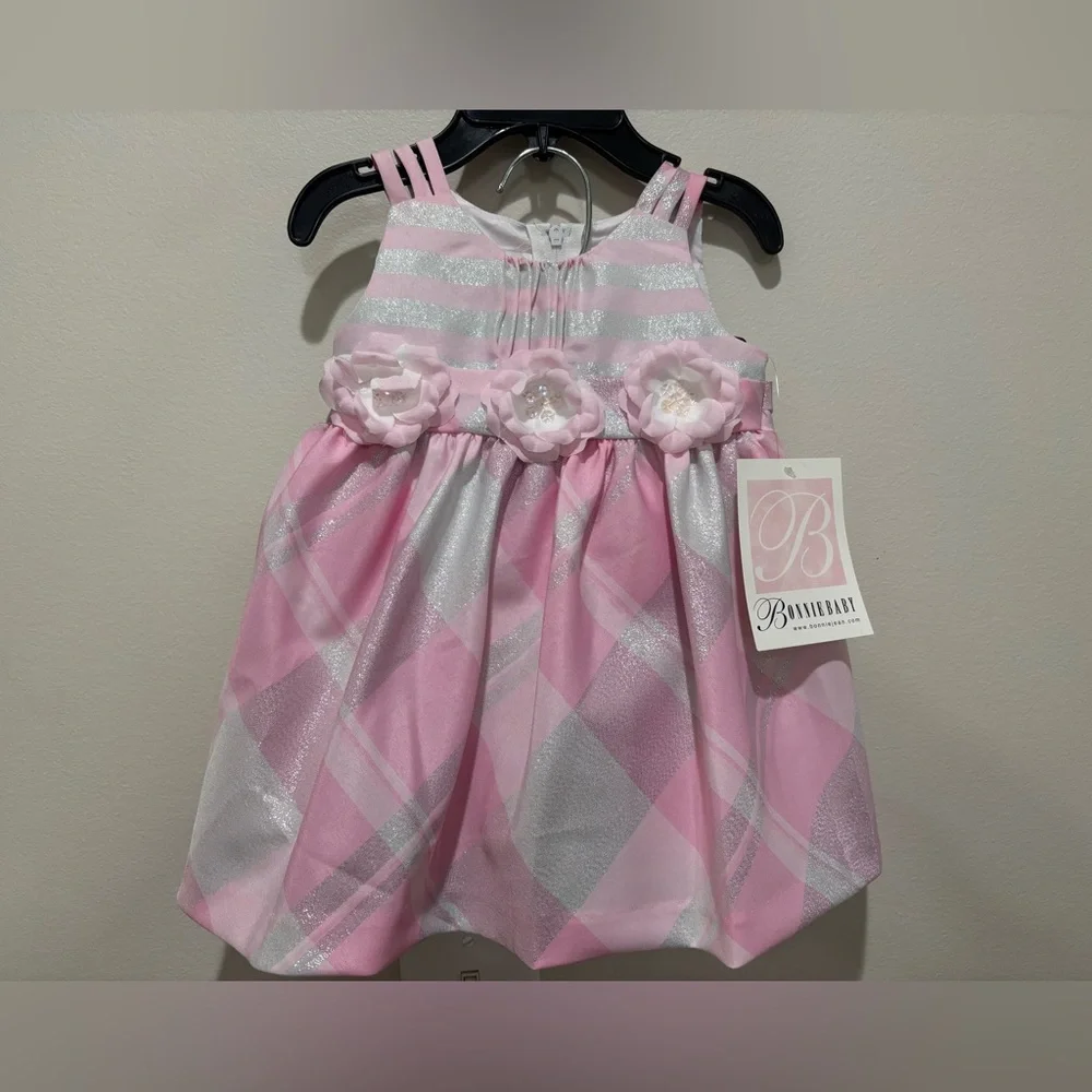 NWT Bonnie Baby Tafetta Empire Metallic Pink Plaid Dress & Bloomers, 6-9 Months